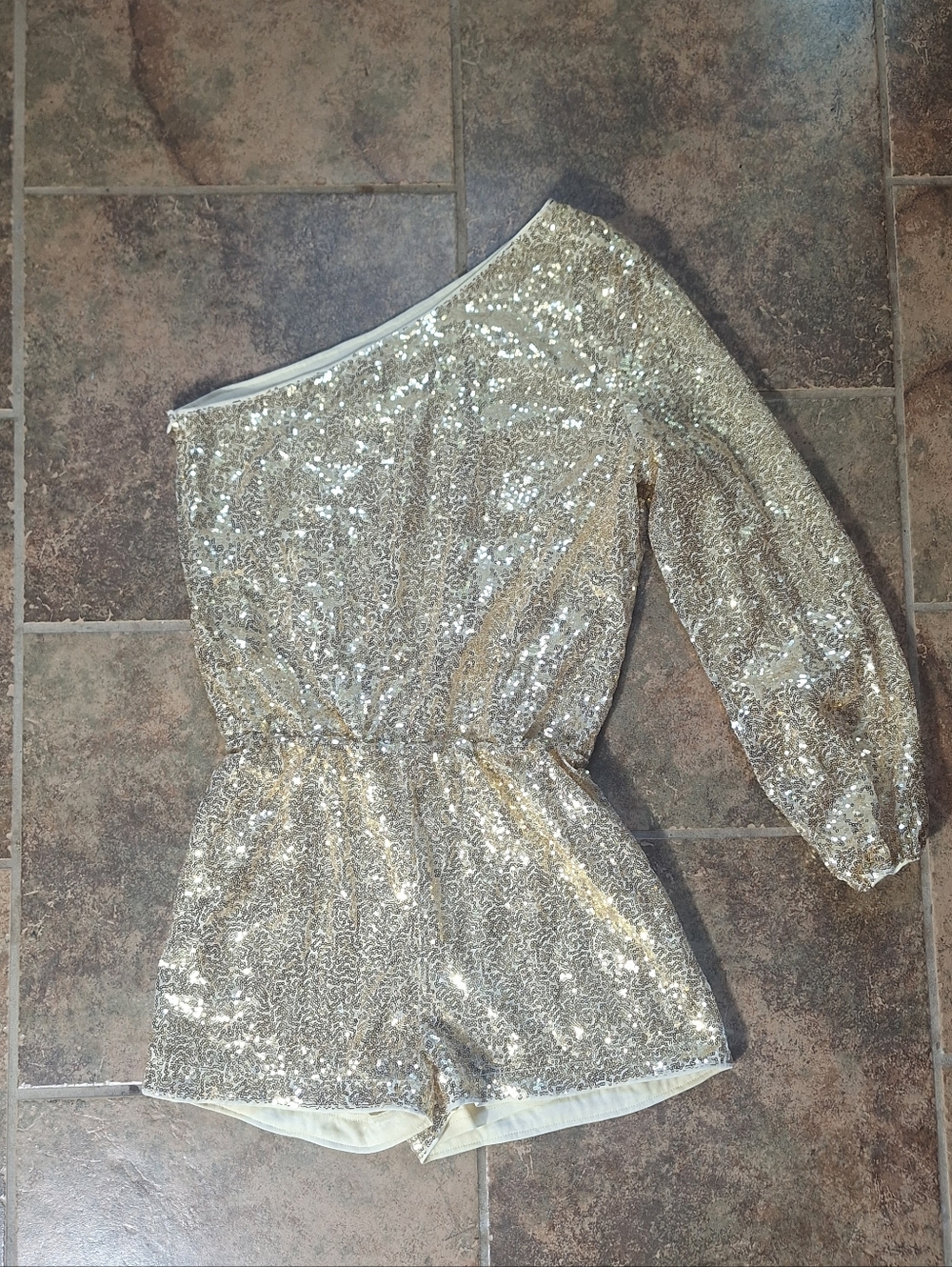 Pink Lily Medium Gold Sequin One Sleeve Romper